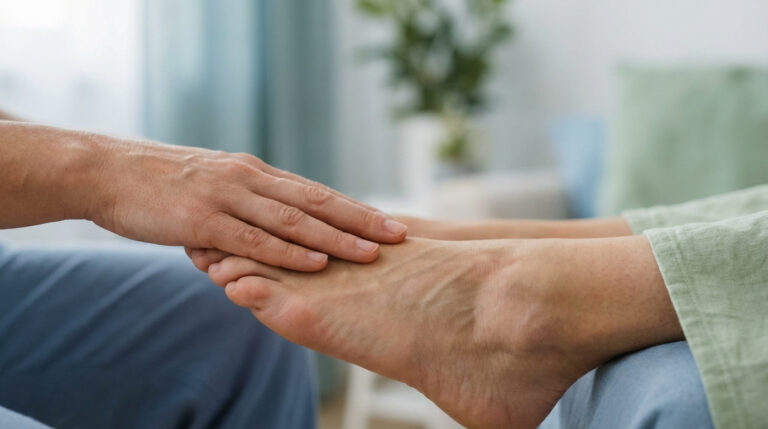 Une main caresse le dessus d'un pied nu, offrant du confort et potentiellement un soulagement pour la douleur des extenseurs des orteils.