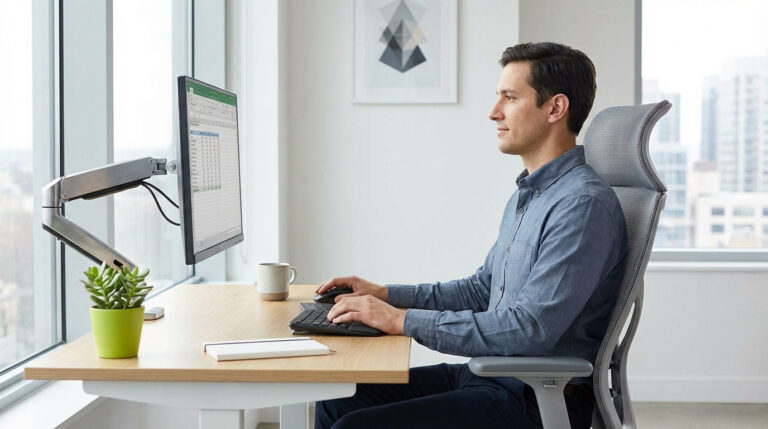 Homme en chemise bleue assis à un bureau ergonomique avec écran sur bras articulé, clavier et souris, adoptant une bonne posture.
