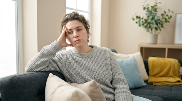 Jeune femme aux cheveux courts, l'air fatigué et pensive, assise sur un canapé gris avec la main sur la tempe.