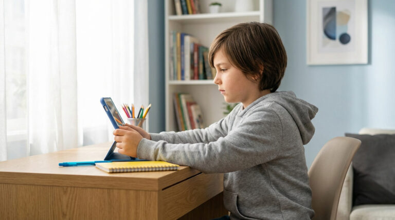 Jeune garçon de profil, assis à un bureau, concentré sur une tablette. Derrière lui, une bibliothèque et une fenêtre lumineuse.