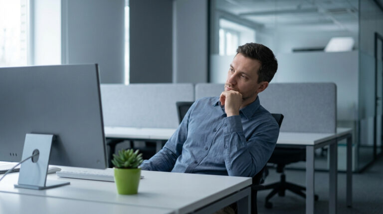 Homme pensif en chemise bleue au bureau, la main sur le menton, devant un écran d'ordinateur et une petite plante verte.