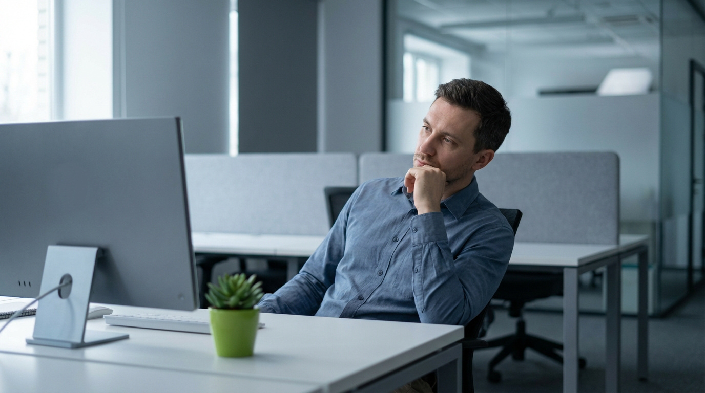 Homme pensif en chemise bleue au bureau, la main sur le menton, devant un écran d'ordinateur et une petite plante verte.