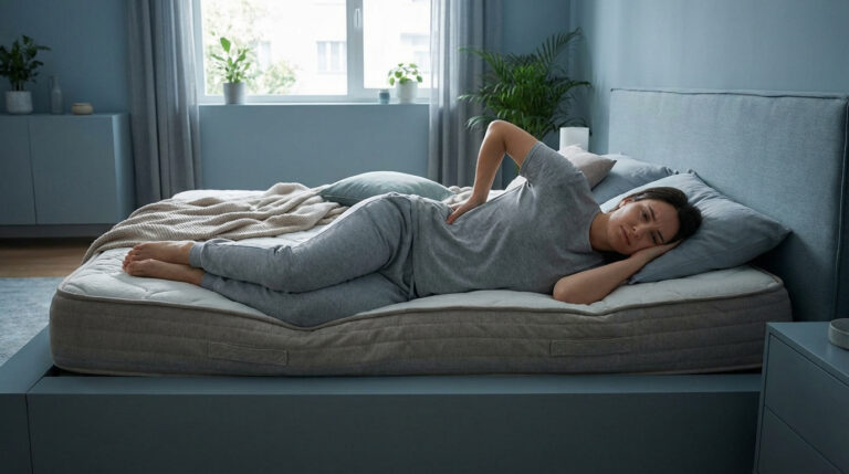 Femme en pyjama gris couchée sur le côté dans un lit, se tenant le bas du dos avec une expression de douleur, suggérant un matelas trop mou.