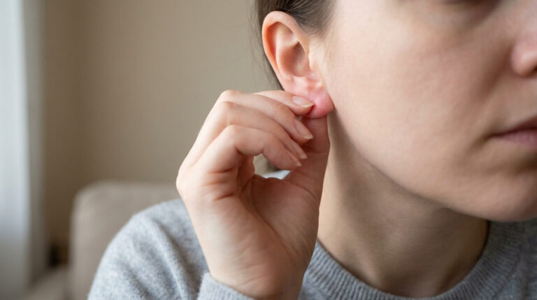 Gros plan sur une personne se frottant le lobe de l'oreille gauche avec la main droite, exprimant une démangeaison.