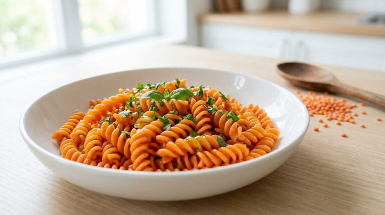 Plat de fusilli aux lentilles corail cuites, garni de persil et basilic frais, à côté de lentilles crues et une cuillère.