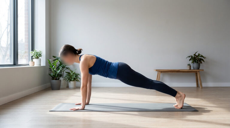 Femme en position de planche sur un tapis de yoga dans une pièce lumineuse. Elle porte un débardeur bleu et un legging noir.