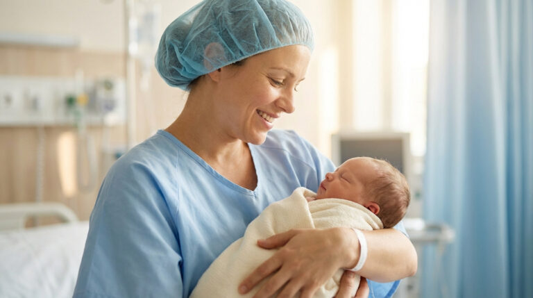 Mère souriante en blouse et charlotte bleue berçant tendrement son nouveau-né endormi dans une chambre d'hôpital.
