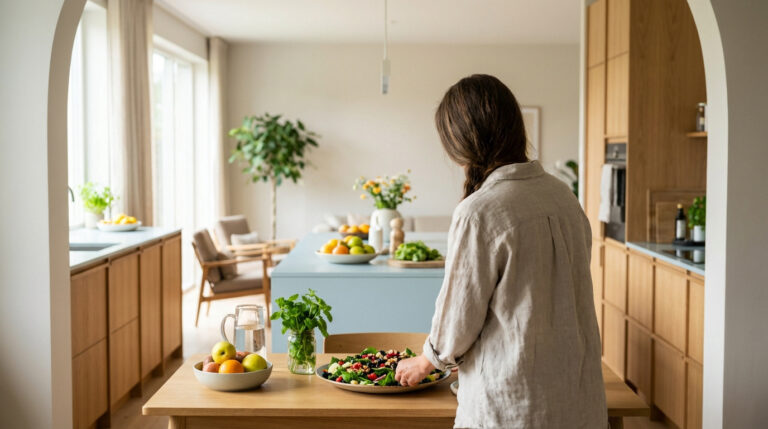 Cuisine moderne où une femme prépare un repas sain, mettant en avant une alimentation équilibrée et un mode de vie sain.