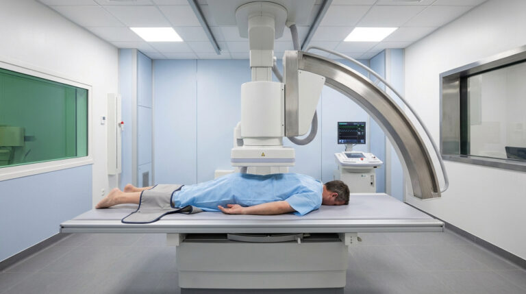 Homme sur table d'imagerie médicale, sous appareil de radiographie du dos. Protection plombée sur les jambes pour la sécurité.