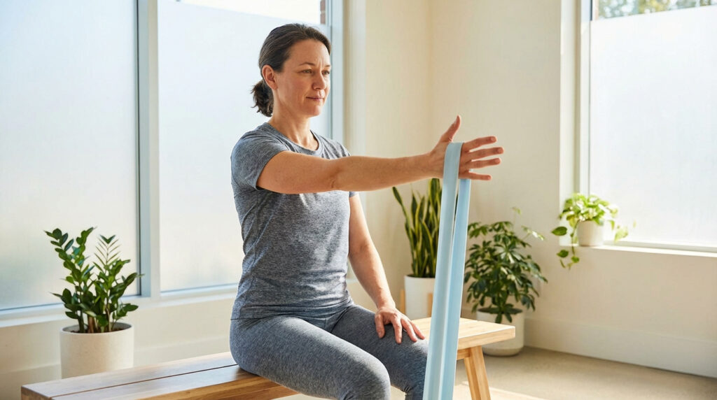 Femme en tenue de sport grise assise sur un banc en bois, exerçant son bras droit avec une bande de résistance bleue dans une pièce lumineuse.