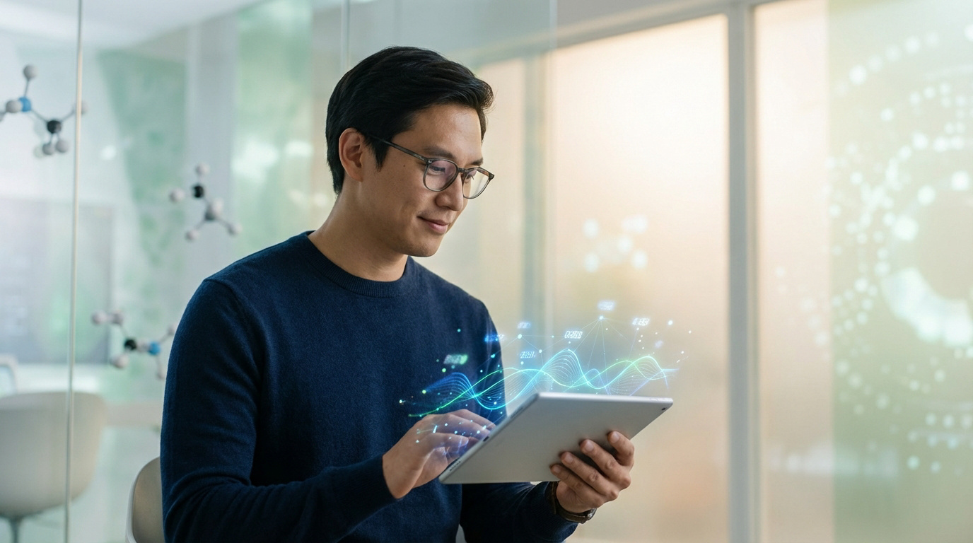 Homme asiatique en lunettes analysant des données complexes de santé sur une tablette affichant des visualisations numériques. Modèles moléculaires en arrière-plan.