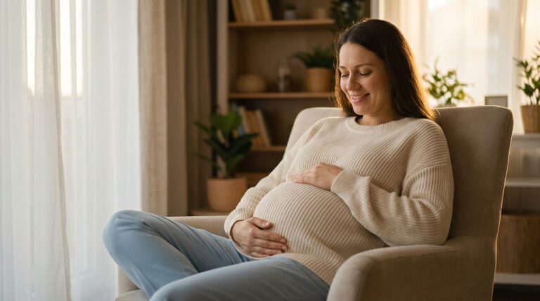 Femme enceinte souriante assise dans un fauteuil, les mains sur son ventre. Lumière chaude d'une fenêtre à gauche.