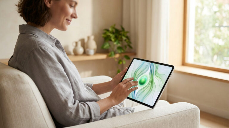 Femme souriante consulte une tablette affichant des motifs verts abstraits et une sphère. Elle est assise confortablement sur un canapé.