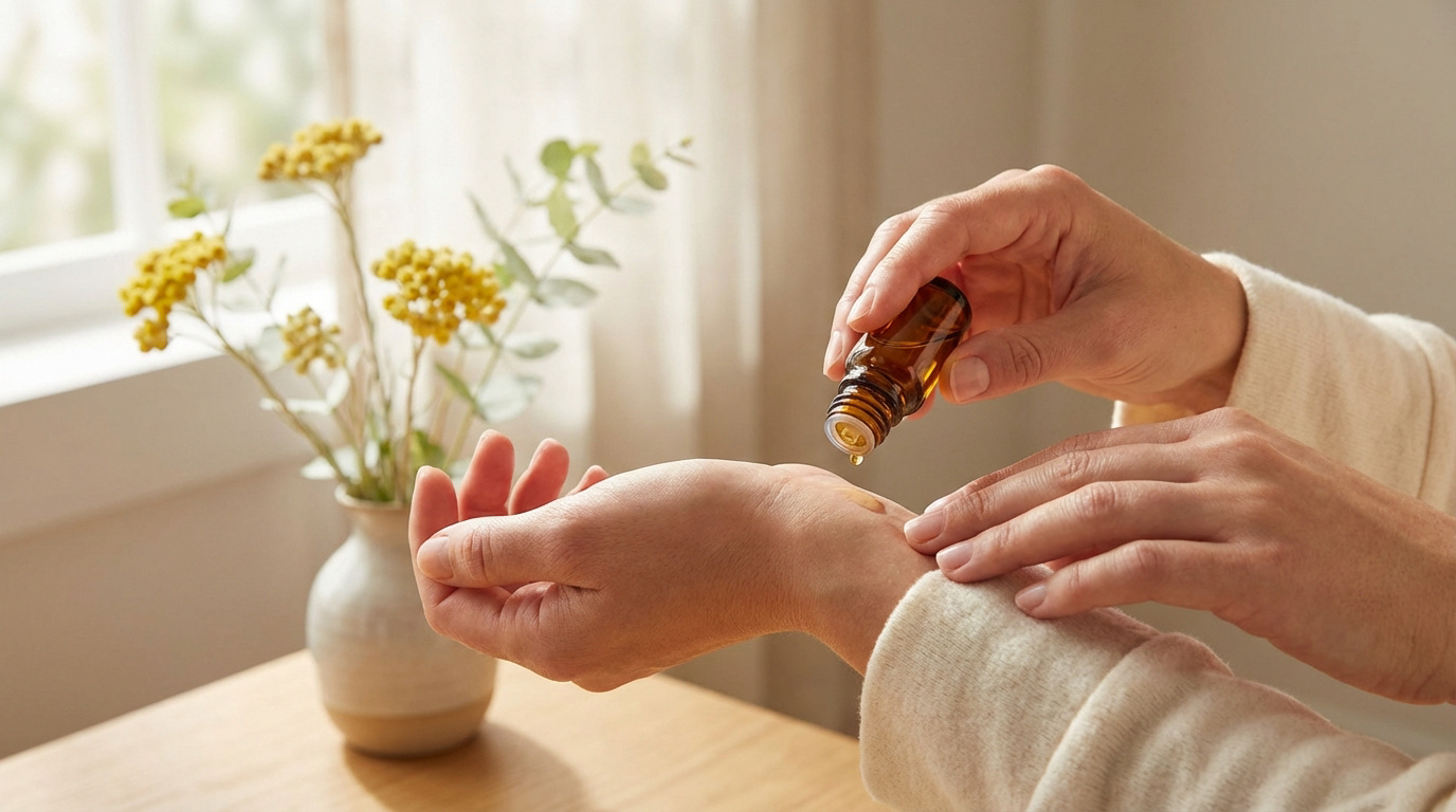 Une personne applique une goutte d'huile essentielle d'une fiole en verre ambré sur son poignet. Des fleurs jaunes ornent le fond.