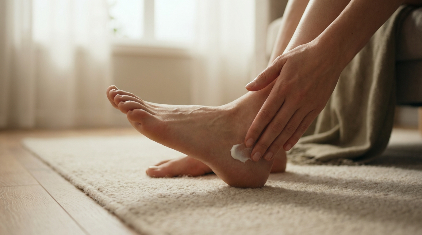 Gros plan sur une main appliquant une crème sur le talon d'un pied, posé sur un tapis clair, pour soulager la douleur.