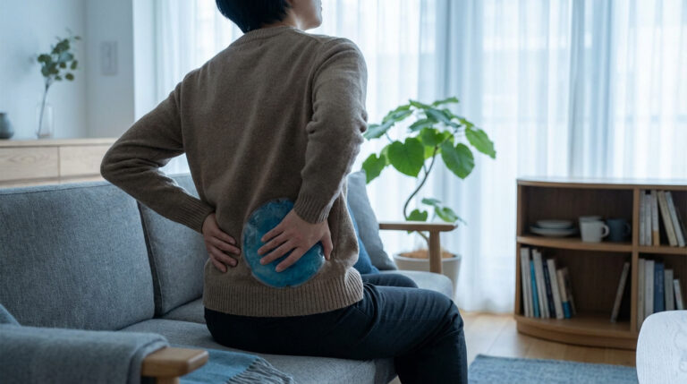 Personne assise sur un canapé, appliquant une poche de froid sur le bas du dos pour soulager une douleur lombaire.