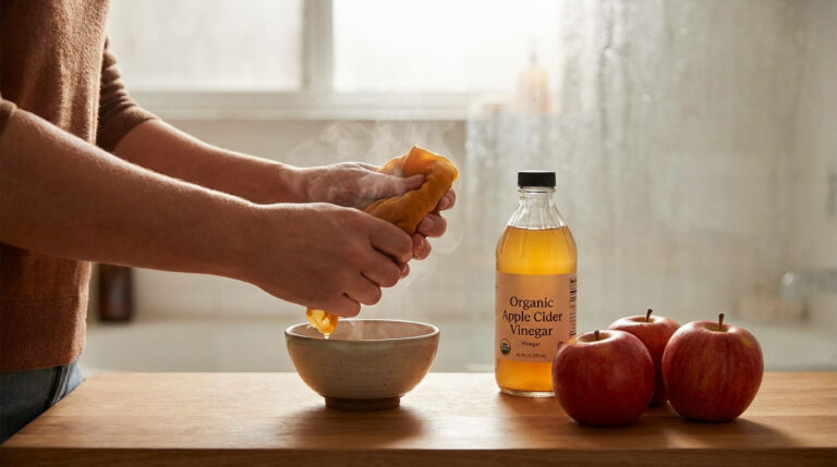 Mains pressant une compresse chaude au-dessus d'un bol, avec une bouteille de vinaigre de cidre et des pommes sur une table en bois.