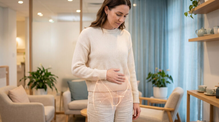 Femme tenant son ventre avec illustration lumineuse des organes pelviens, suggérant douleur due à l'endométriose.