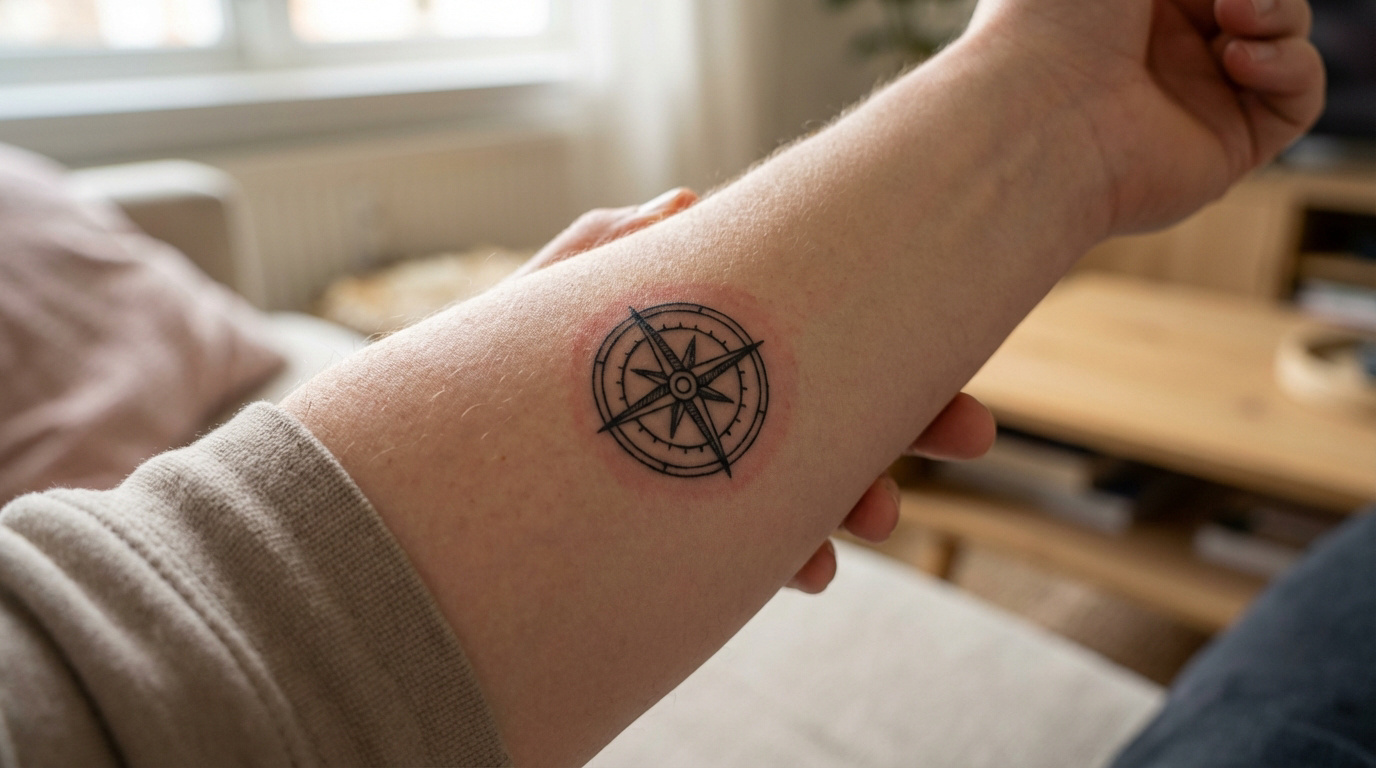 Gros plan d'un bras avec un tatouage boussole. La peau autour est rouge et irritée, indiquant un début d'infection possible.