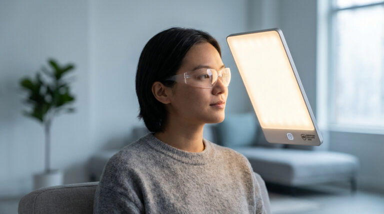 Femme aux cheveux courts, portant des lunettes de protection transparentes, fixant une lampe de luminothérapie éclatante.