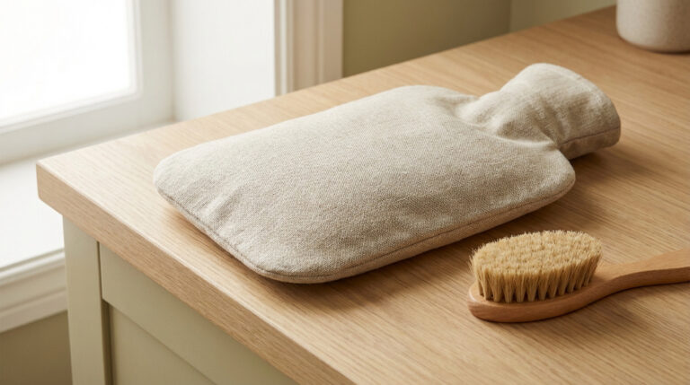 Bouillotte en lin beige sur une table en bois clair, accompagnée d'une brosse naturelle pour un nettoyage doux.