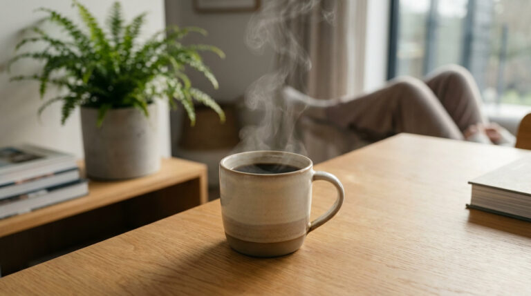 Une tasse de café fumant sur une table en bois, avec une plante verte et une personne en arrière-plan.