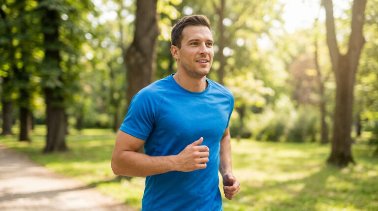 Homme en t-shirt bleu faisant du jogging dans un parc verdoyant et lumineux. Il regarde vers la droite, l'air serein.