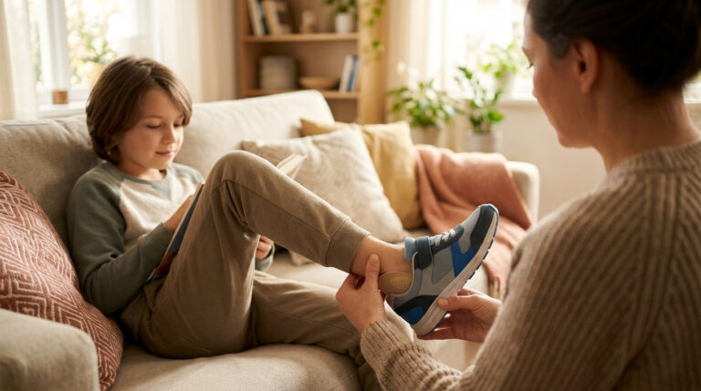 Une femme ajuste une orthèse de talon dans la chaussure d'un enfant assis sur un canapé, lisant un livre. Scène domestique apaisante.