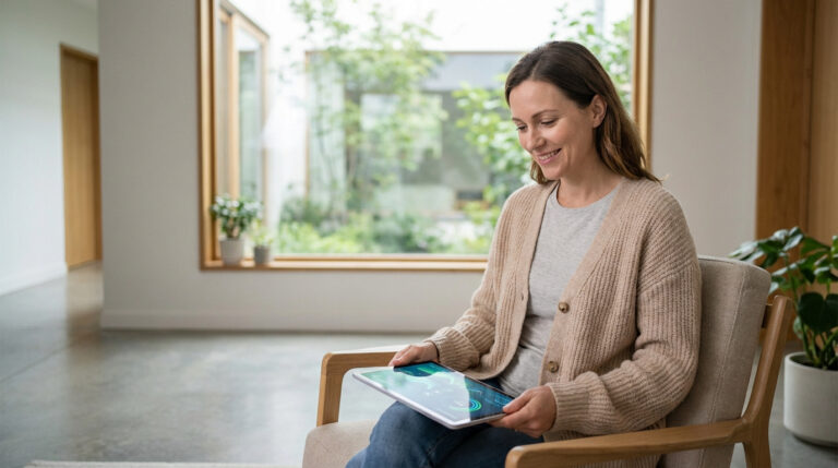 Femme souriante assise dans un fauteuil, tenant une tablette affichant des données. Elle est dans un salon lumineux avec une grande fenêtre.