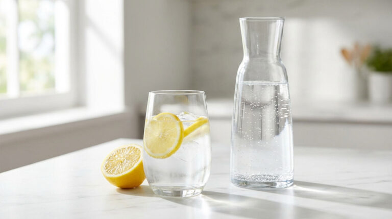 Verre d'eau avec glaçons et rondelles de citron, carafe d'eau, et demi-citron sur un comptoir clair, près d'une fenêtre.