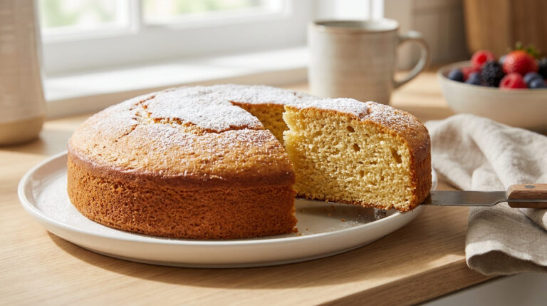 Gâteau rond saupoudré de sucre glace sur une assiette blanche, une part est servie, révélant une texture moelleuse. Baies en arrière-plan.