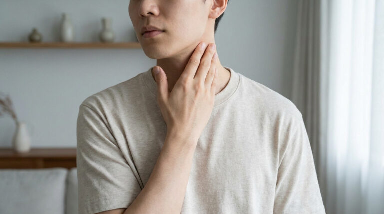 Un jeune homme touche son cou d'une main, indiquant une douleur ou un inconfort cervical.