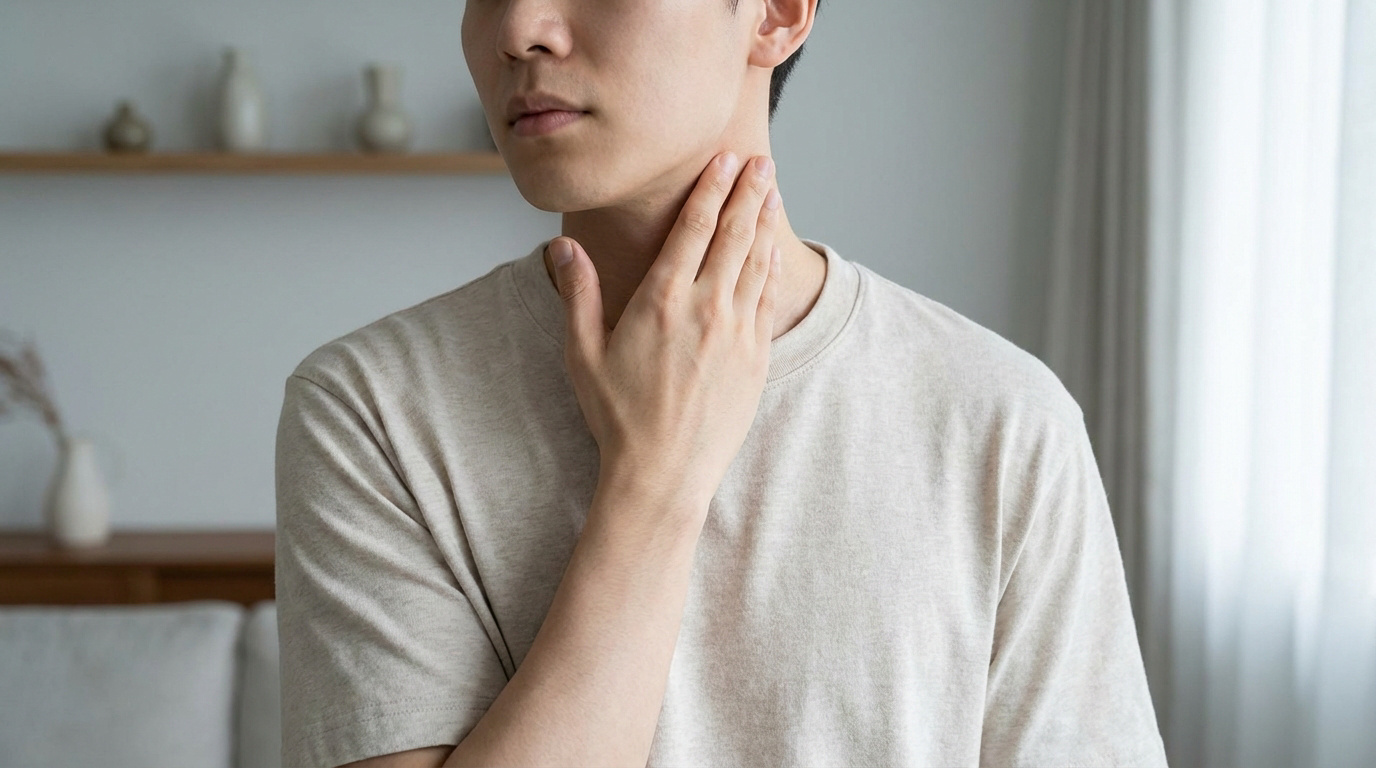 Un jeune homme touche son cou d'une main, indiquant une douleur ou un inconfort cervical.