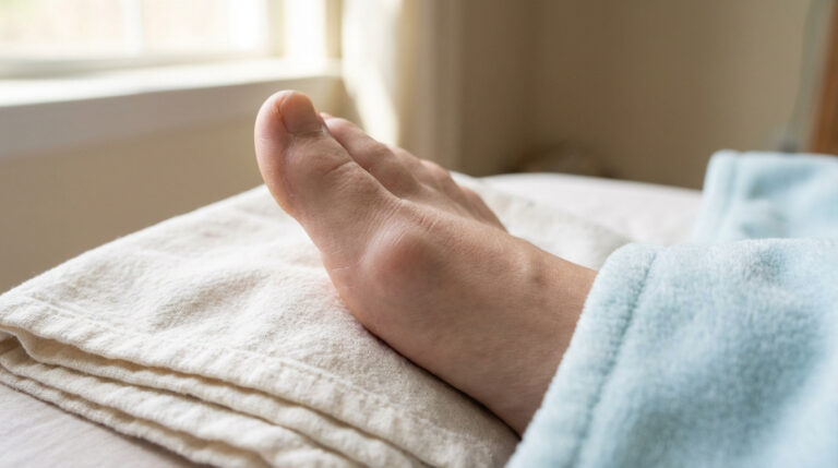 Un pied avec un kyste synovial visible sur le dessus, près de la base de l'orteil. Le pied repose sur une serviette claire.