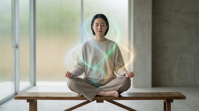 Femme en méditation profonde, assise sur un banc, entourée de flux d'énergie lumineux et colorés. Symbolise l'équilibre interne.