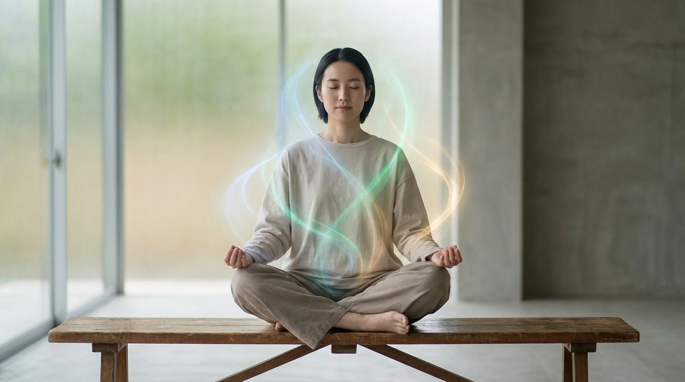 Femme en méditation profonde, assise sur un banc, entourée de flux d'énergie lumineux et colorés. Symbolise l'équilibre interne.