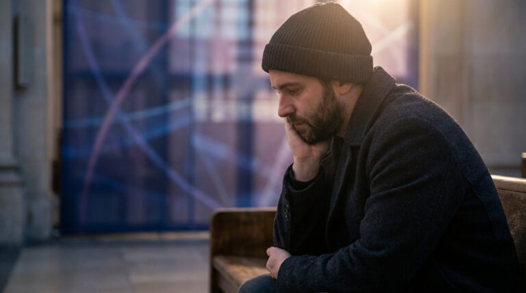 Un homme barbu avec un bonnet et un manteau sombre est assis sur un banc, la main sur le menton, l'air pensif, fond flou bleu-violet.