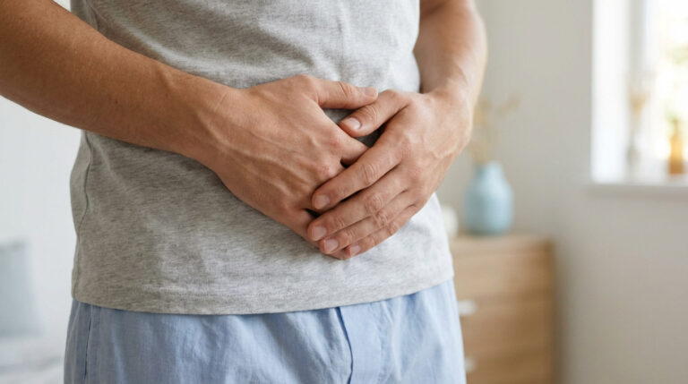 Un homme en t-shirt gris et short bleu se tient le bas-ventre, les mains croisées, exprimant une gêne ou douleur.