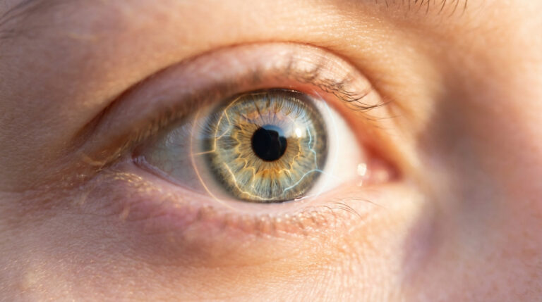 Gros plan d'un œil humain. L'iris bleu-vert est superposé d'effets lumineux et de motifs concentriques, suggérant une analyse iridologique.
