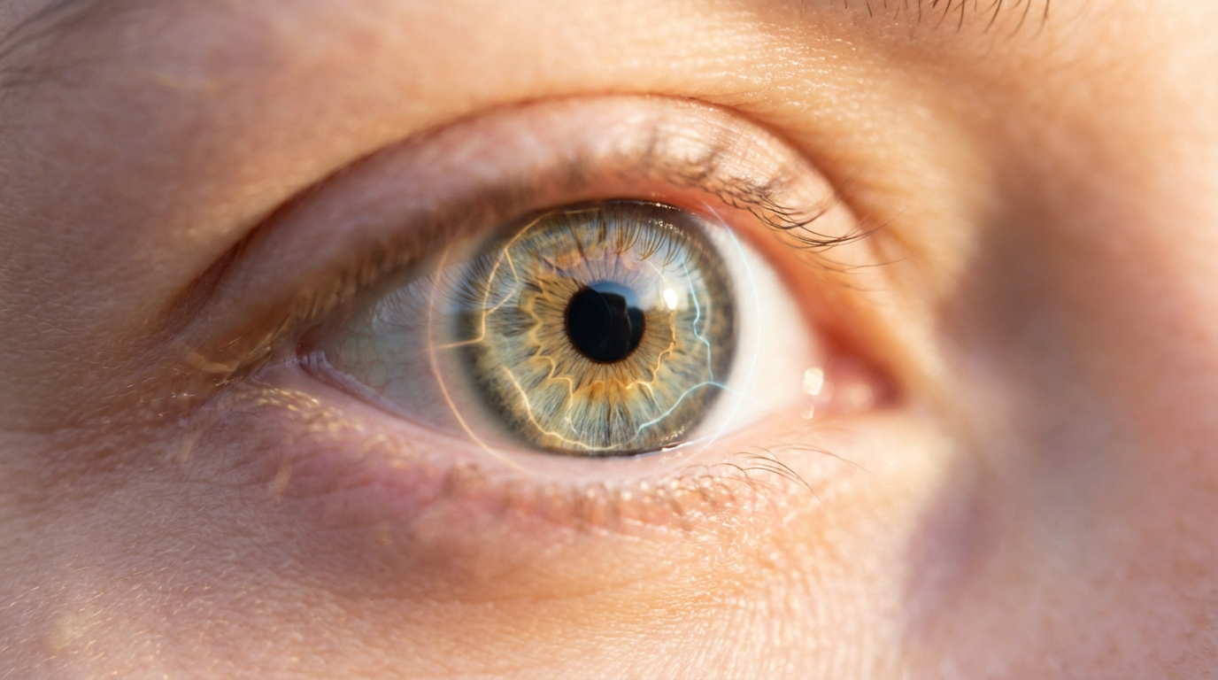 Gros plan d'un œil humain. L'iris bleu-vert est superposé d'effets lumineux et de motifs concentriques, suggérant une analyse iridologique.
