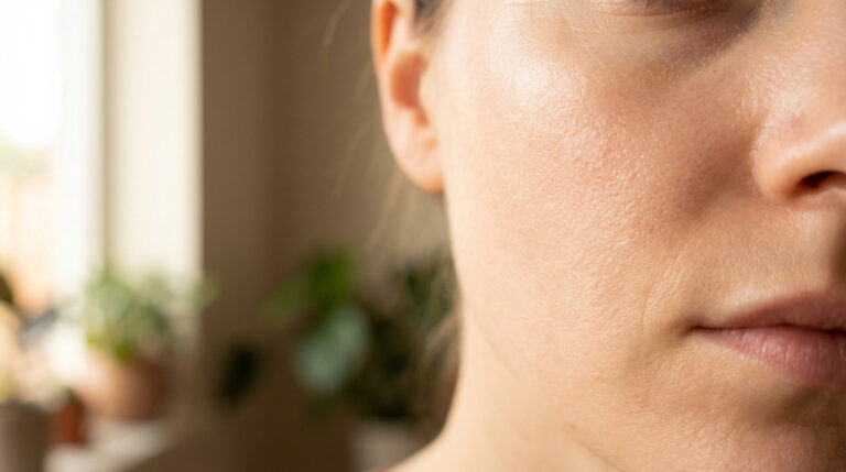 Gros plan détaillé sur le côté droit d'un visage, montrant la texture naturelle de la peau, la joue et le nez. Contexte de soins.