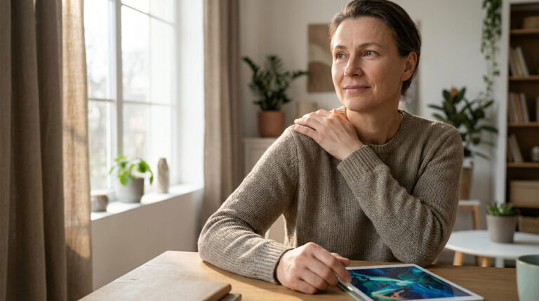 Femme d'âge moyen, pull beige, tient son épaule droite pensivement, assise à une table avec tablette.