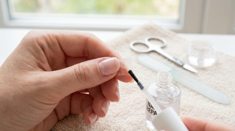 Une main répare un ongle fissuré avec un pansement adhésif et un produit de réparation. Des outils de manucure sont en arrière-plan.