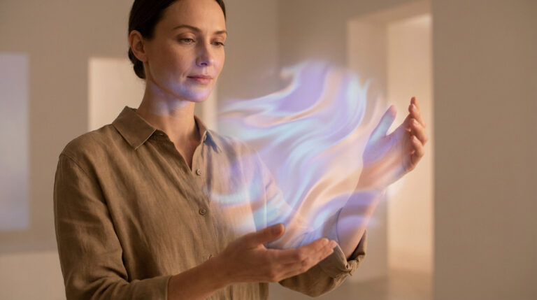 Une femme concentrée devant un hologramme coloré de données médicales, représentant la compréhension des diagnostics complexes.