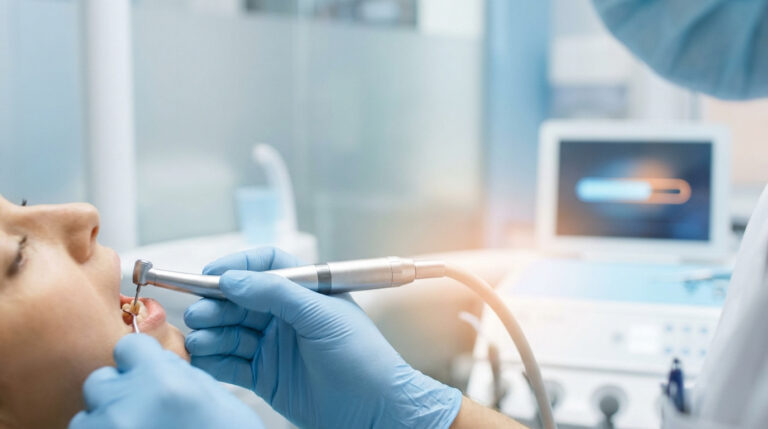 Dentiste effectuant une dévitalisation avec une turbine sur une patiente. Équipement dentaire moderne en arrière-plan.