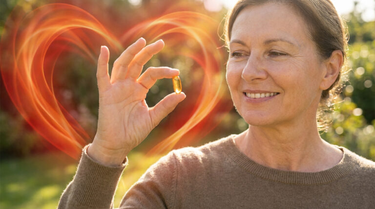 Femme souriante tenant une capsule d'oméga 3, avec un cœur stylisé lumineux en arrière-plan verdoyant. Image de bien-être cardiaque.