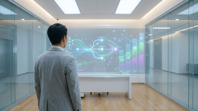 Un homme analyse des classifications et stades de données médicales (TNM) sur un écran transparent dans un bureau moderne.