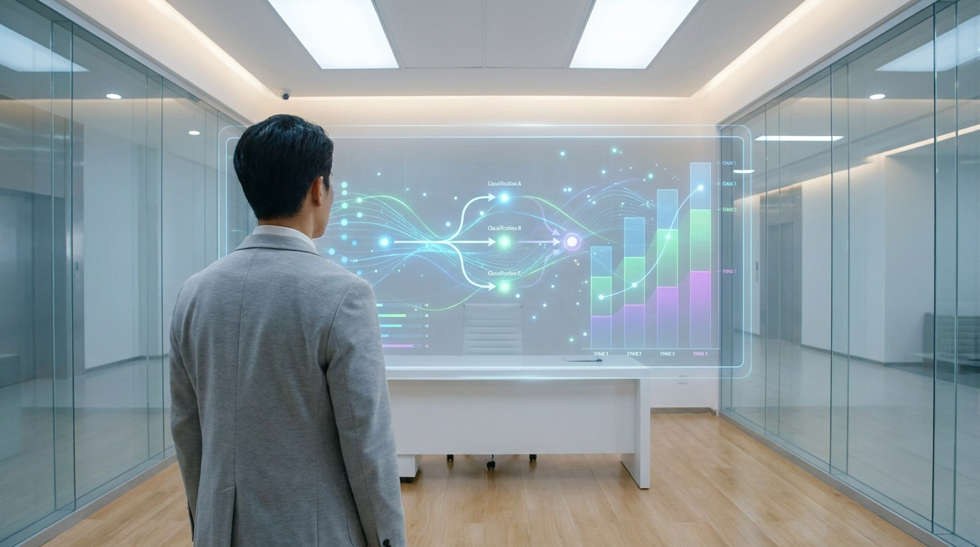 Un homme analyse des classifications et stades de données médicales (TNM) sur un écran transparent dans un bureau moderne.