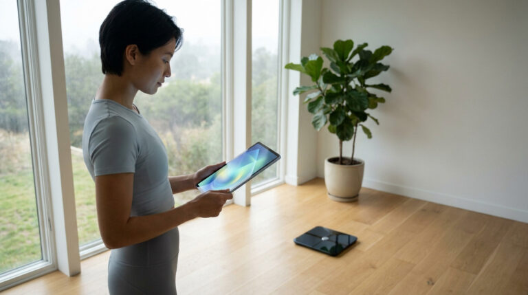 Femme en tenue de sport consultant une tablette près d'une balance connectée, potentiellement pour le suivi de poids et d'IMC.