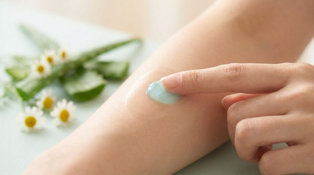 Une main applique un gel bleu pâle sur un avant-bras. En arrière-plan flou, des feuilles d'aloès et des fleurs de camomille.
